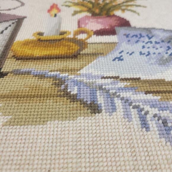 Rare Vintage Crewel Table Scape Art Handmade Embroidery Needlework Fine Detail - Picture 5 of 9